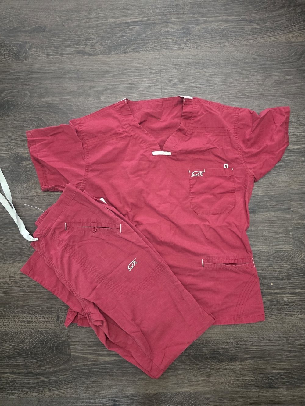 Women’s Wine Red Scrub Set with Embroidered Script Logo